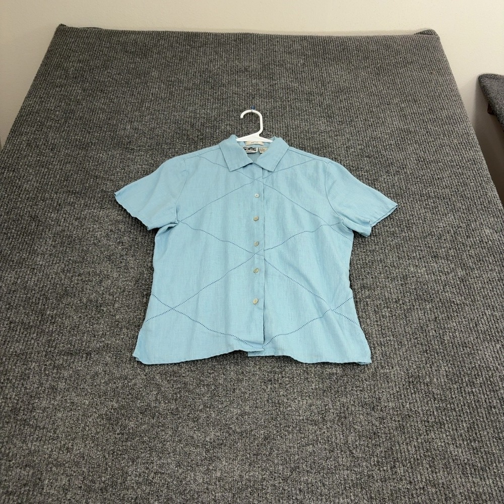 Edward Shirt Womens M Blue Linen Diamond Stitch Short Sleeve Casual Coastal